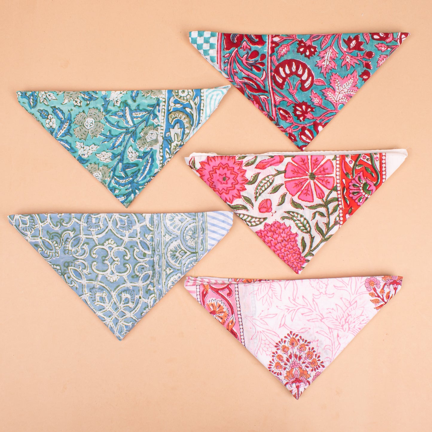 Set of 5 - Organic Paisley Cotton Bandana, Hand Block Printed Summer Scarf, Boho Unisex Wrap For Hair Or Neck, Thoughtful Handmade Gift Idea