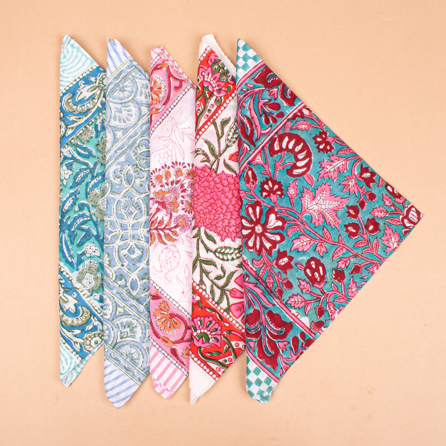 Set of 5 - Organic Paisley Cotton Bandana, Hand Block Printed Summer Scarf, Boho Unisex Wrap For Hair Or Neck, Thoughtful Handmade Gift Idea
