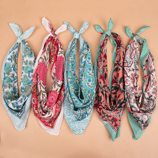 Set of 5 - Hand Block Printed Cotton Bandana, Boho Gift For Men & Women, Floral Paisley Scarf, Organic Neck Or Hair Wrap, Sustainable Accessory