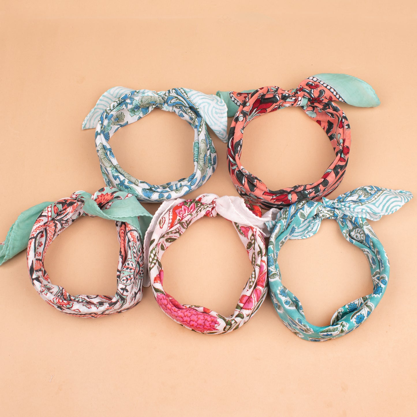 Set of 5 - Hand Block Printed Cotton Bandana, Boho Gift For Men & Women, Floral Paisley Scarf, Organic Neck Or Hair Wrap, Sustainable Accessory