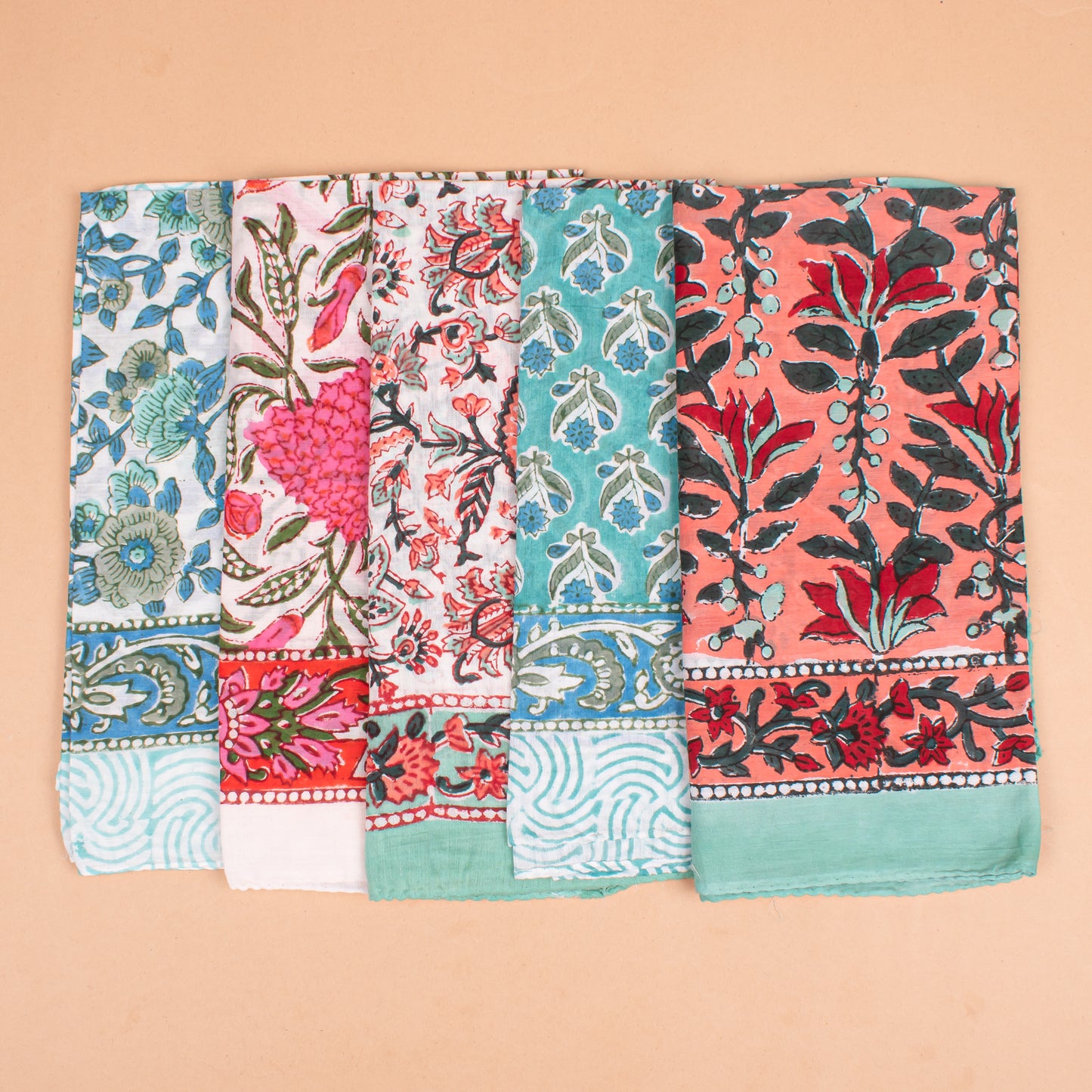 Set of 5 - Hand Block Printed Cotton Bandana, Boho Gift For Men & Women, Floral Paisley Scarf, Organic Neck Or Hair Wrap, Sustainable Accessory