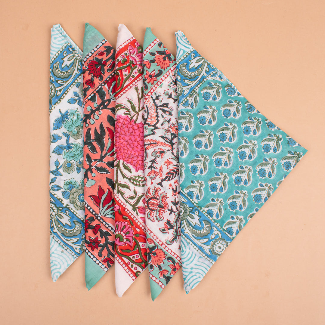 Set of 5 – Floral Cotton Bandanas | Printed Head Scarf &amp; Hair Wrap