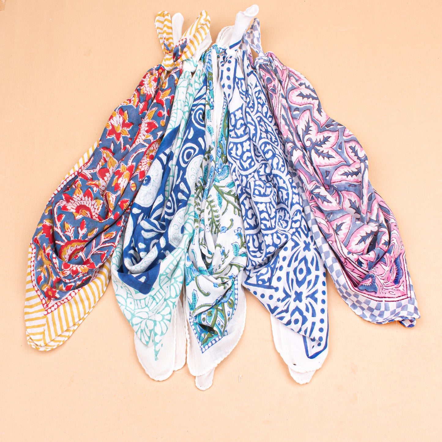 Set of 5 - Boho Block Printed Cotton Bandana, Paisley Design Scarf, Handmade Organic Hair Or Neck Wrap, Lightweight Unisex Fashion Accessory