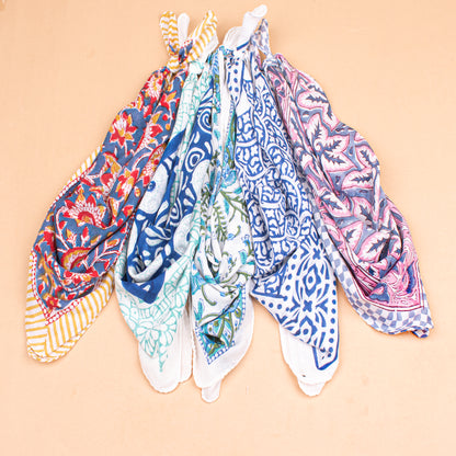 Set of 5 - Boho Block Printed Cotton Bandana, Paisley Design Scarf, Handmade Organic Hair Or Neck Wrap, Lightweight Unisex Fashion Accessory