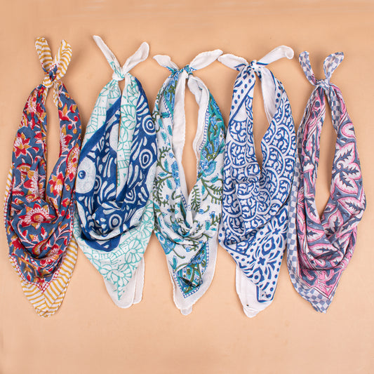 Set of 5 - Boho Block Printed Cotton Bandana, Paisley Design Scarf, Handmade Organic Hair Or Neck Wrap, Lightweight Unisex Fashion Accessory