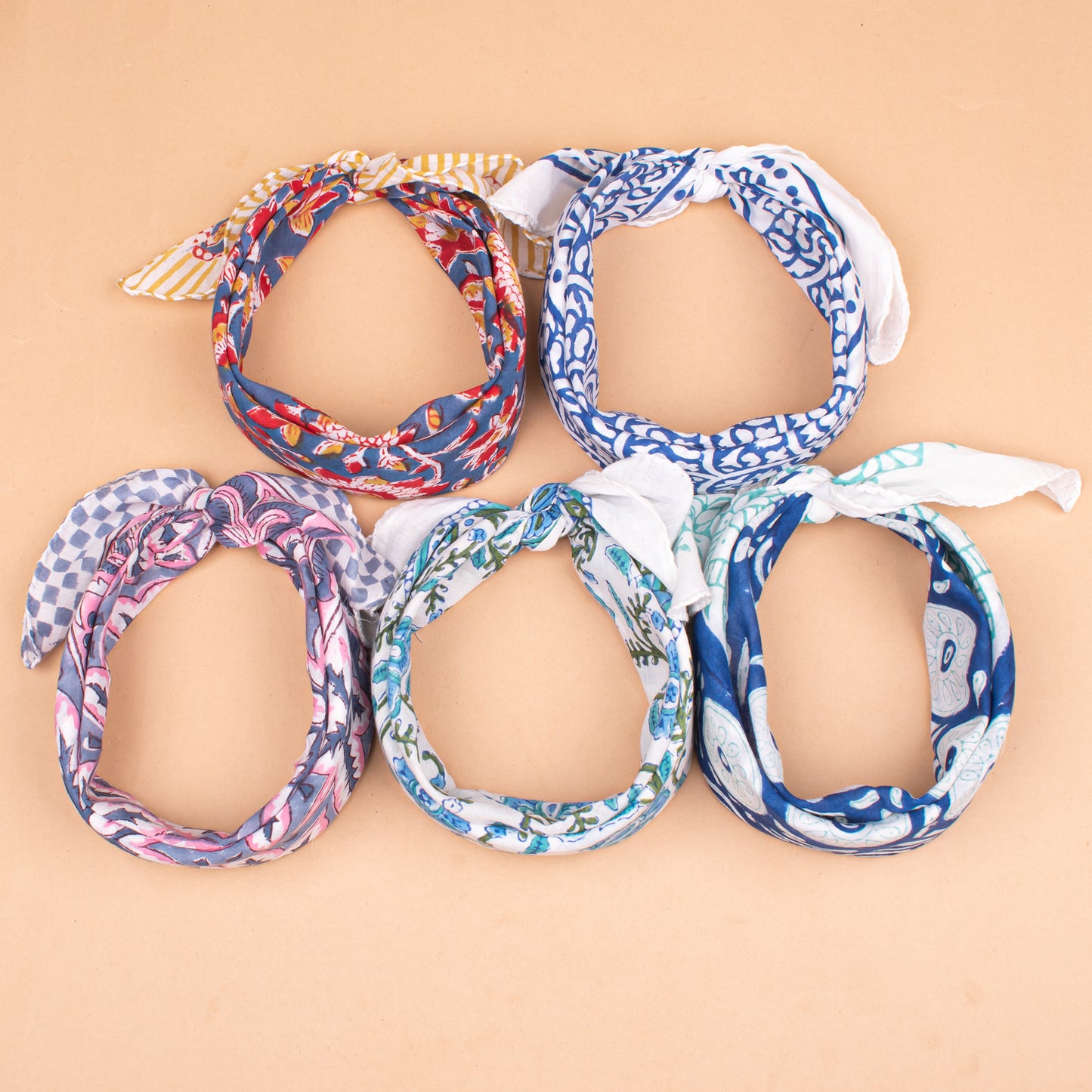Set of 5 - Boho Block Printed Cotton Bandana, Paisley Design Scarf, Handmade Organic Hair Or Neck Wrap, Lightweight Unisex Fashion Accessory