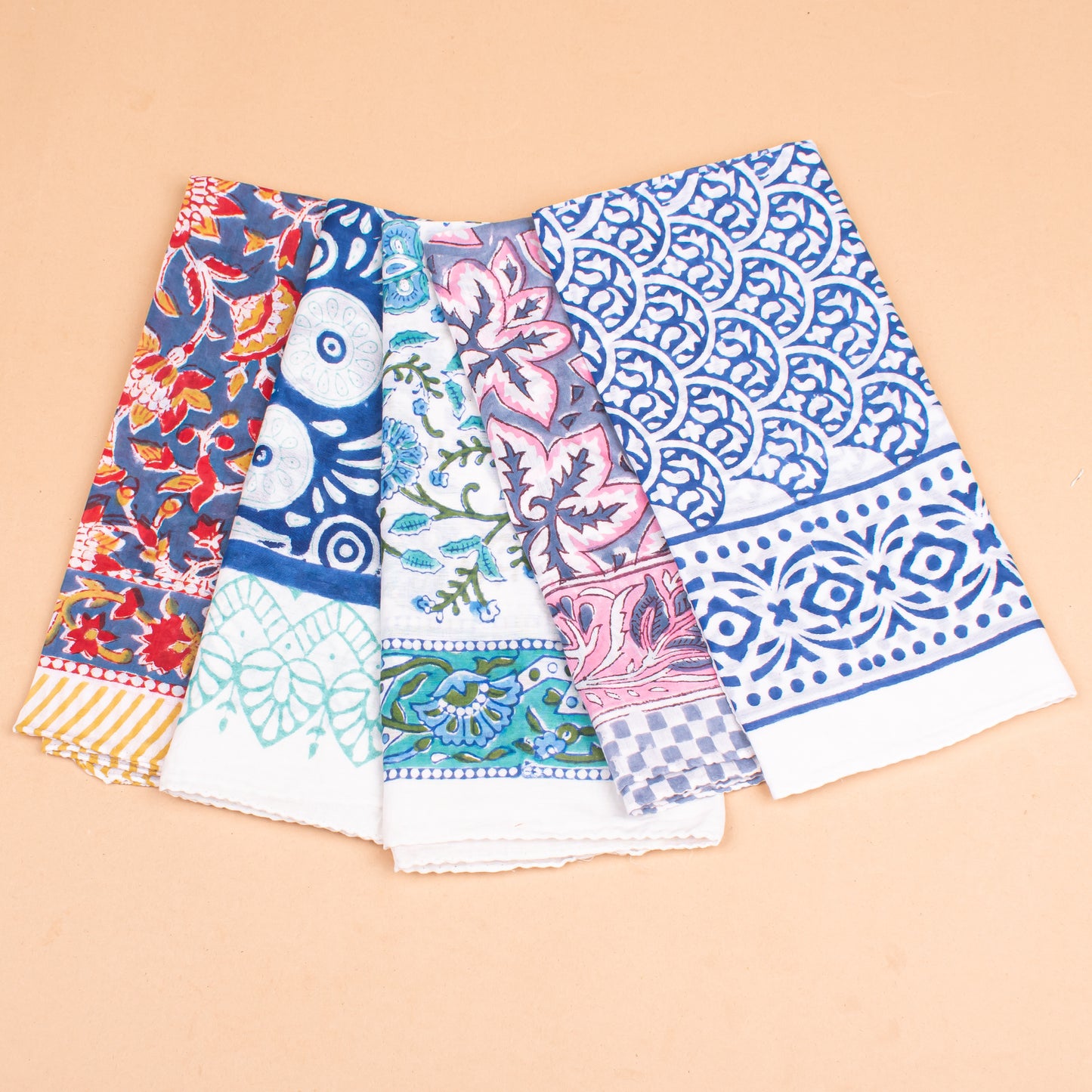 Set of 5 - Boho Block Printed Cotton Bandana, Paisley Design Scarf, Handmade Organic Hair Or Neck Wrap, Lightweight Unisex Fashion Accessory