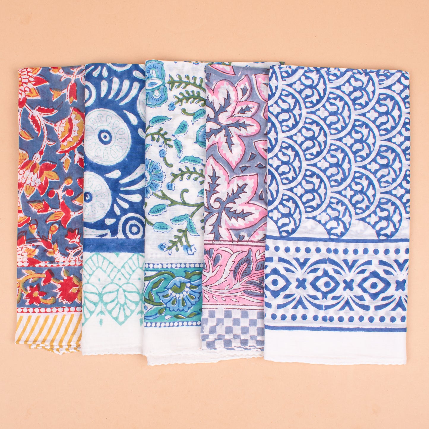 Set of 5 - Boho Block Printed Cotton Bandana, Paisley Design Scarf, Handmade Organic Hair Or Neck Wrap, Lightweight Unisex Fashion Accessory