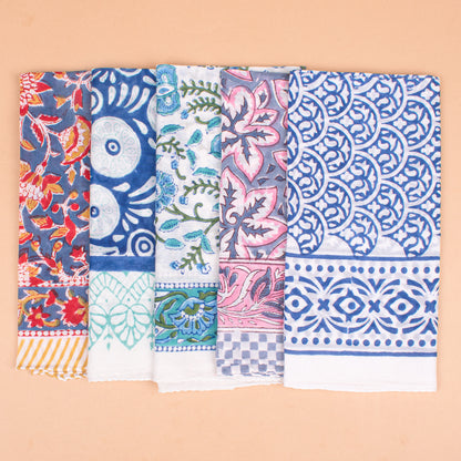 Set of 5 - Boho Block Printed Cotton Bandana, Paisley Design Scarf, Handmade Organic Hair Or Neck Wrap, Lightweight Unisex Fashion Accessory