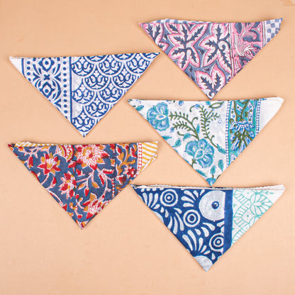 Set of 5 - Boho Block Printed Cotton Bandana, Paisley Design Scarf, Handmade Organic Hair Or Neck Wrap, Lightweight Unisex Fashion Accessory