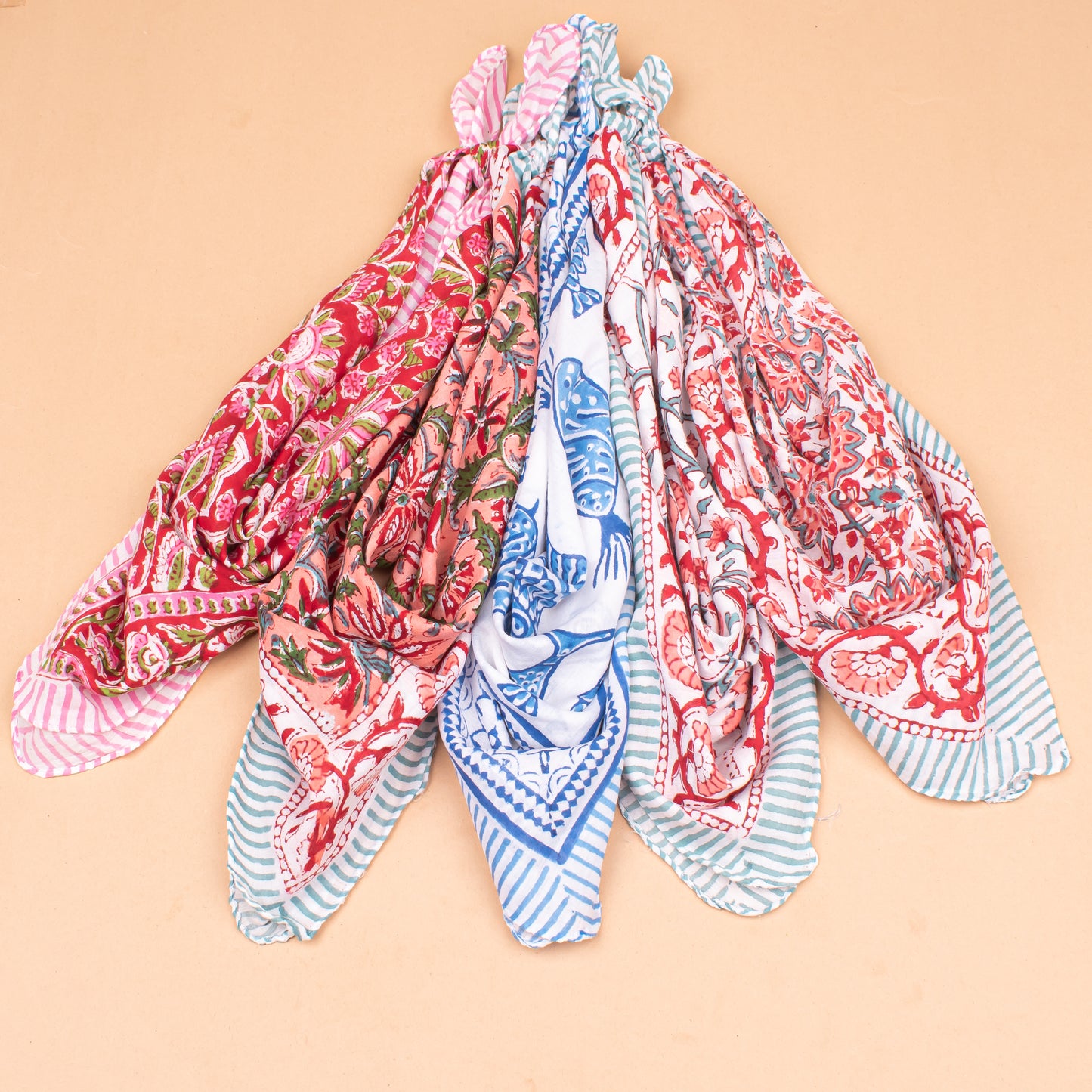 Set of 5 - Handmade Bohemian Cotton Bandana, Sustainable Gift For All, Block Printed Scarf, Organic Hair Or Neck Wrap, Lightweight Unisex Accessory