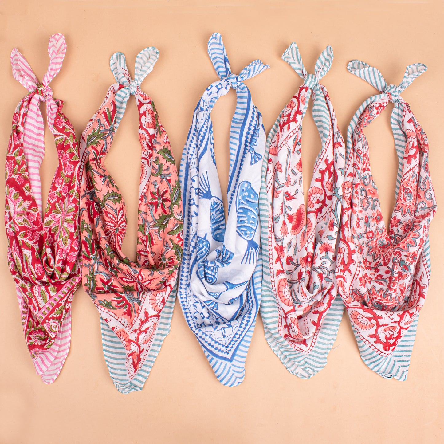 Set of 5 - Handmade Bohemian Cotton Bandana, Sustainable Gift For All, Block Printed Scarf, Organic Hair Or Neck Wrap, Lightweight Unisex Accessory