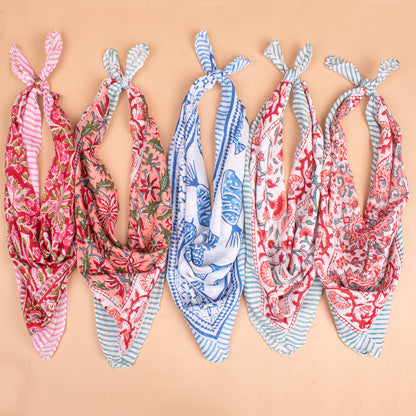 Set of 5 - Handmade Bohemian Cotton Bandana, Sustainable Gift For All, Block Printed Scarf, Organic Hair Or Neck Wrap, Lightweight Unisex Accessory