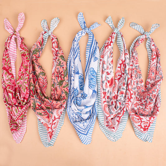 Set of 5 - Handmade Bohemian Cotton Bandana, Sustainable Gift For All, Block Printed Scarf, Organic Hair Or Neck Wrap, Lightweight Unisex Accessory