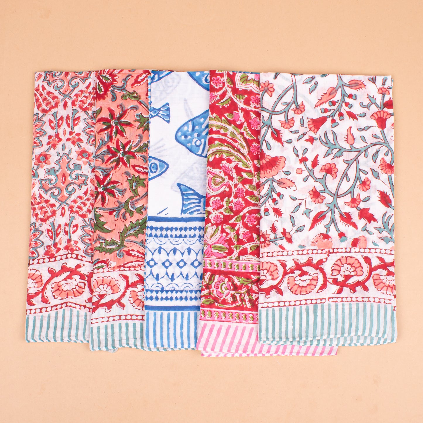Set of 5 - Handmade Bohemian Cotton Bandana, Sustainable Gift For All, Block Printed Scarf, Organic Hair Or Neck Wrap, Lightweight Unisex Accessory
