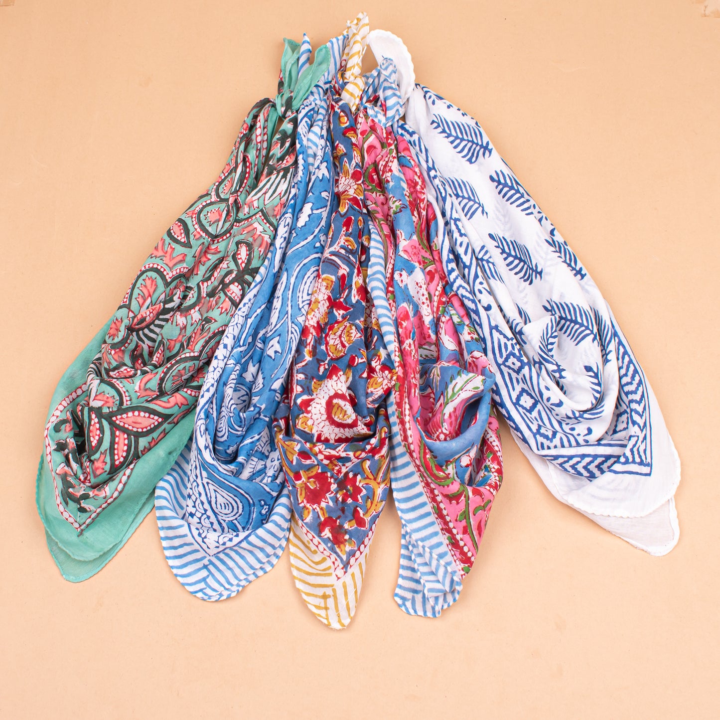 Set of 5 - Floral Block Print Cotton Bandana, Organic Lightweight Neck Or Hair Wrap, Handmade Paisley Scarf, Boho Unisex Fashion Gift For Him Or Her