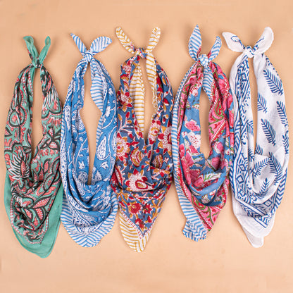 Set of 5 - Floral Block Print Cotton Bandana, Organic Lightweight Neck Or Hair Wrap, Handmade Paisley Scarf, Boho Unisex Fashion Gift For Him Or Her