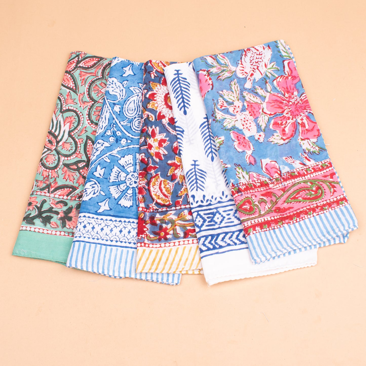 Set of 5 - Floral Block Print Cotton Bandana, Organic Lightweight Neck Or Hair Wrap, Handmade Paisley Scarf, Boho Unisex Fashion Gift For Him Or Her