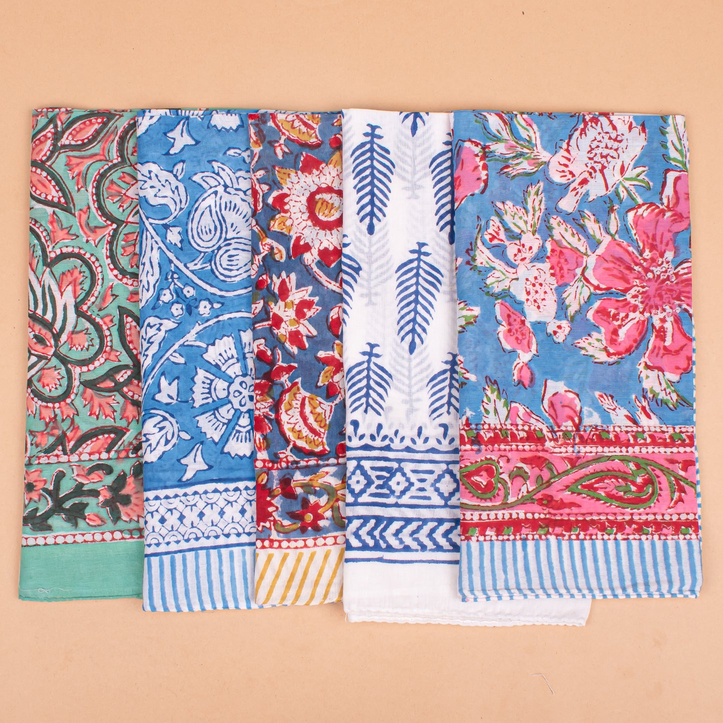 Set of 5 - Floral Block Print Cotton Bandana, Organic Lightweight Neck Or Hair Wrap, Handmade Paisley Scarf, Boho Unisex Fashion Gift For Him Or Her