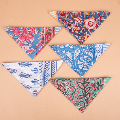 Set of 5 - Floral Block Print Cotton Bandana, Organic Lightweight Neck Or Hair Wrap, Handmade Paisley Scarf, Boho Unisex Fashion Gift For Him Or Her