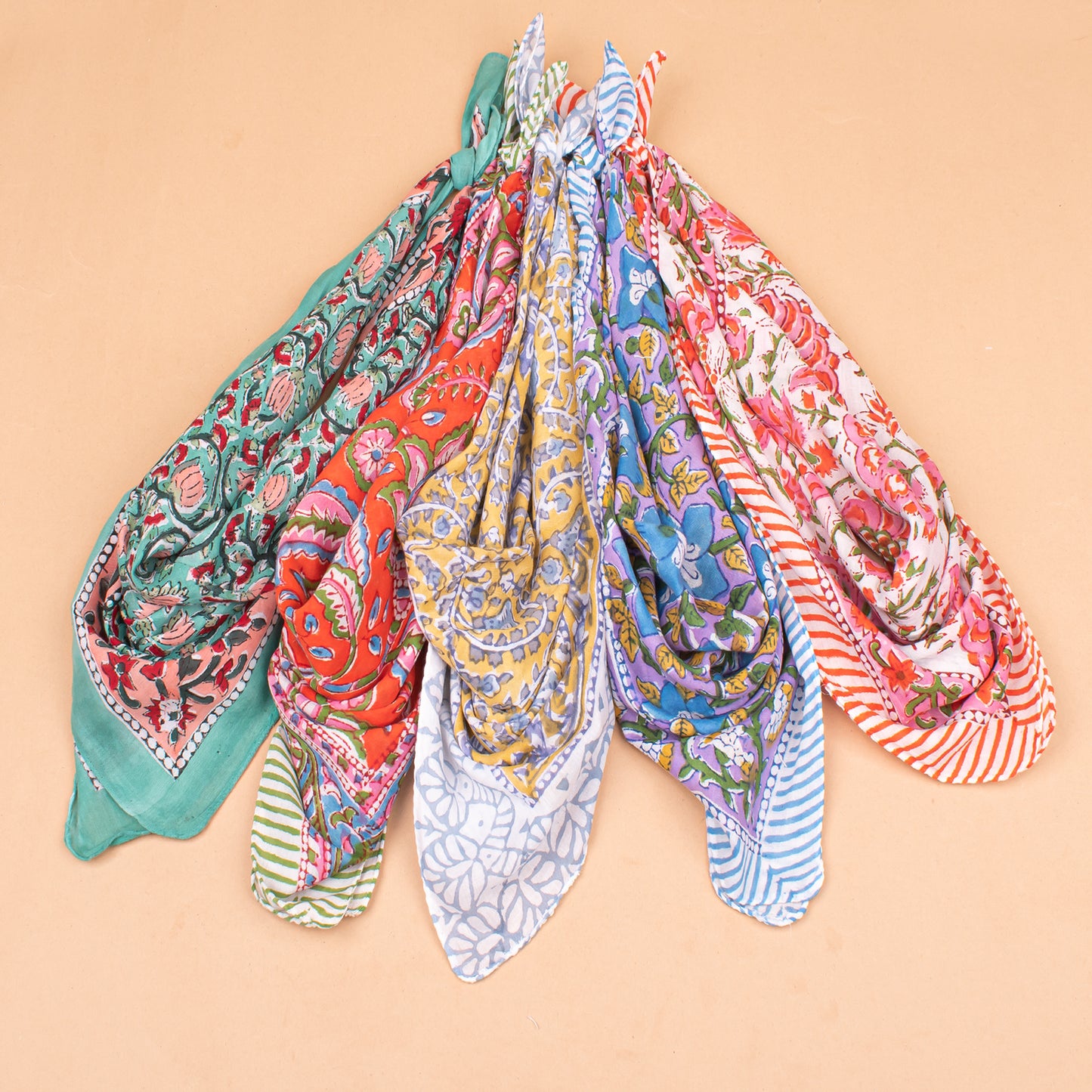 Set of 5 - Colorful Cotton Bandana, Handmade Block Printed Organic Scarf, Lightweight Hair Or Neck Wrap, Bohemian Unisex Accessory, Sustainable Gift