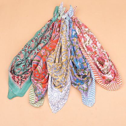 Set of 5 - Colorful Cotton Bandana, Handmade Block Printed Organic Scarf, Lightweight Hair Or Neck Wrap, Bohemian Unisex Accessory, Sustainable Gift
