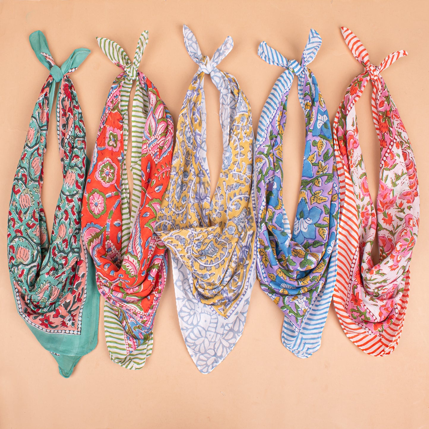 Set of 5 - Colorful Cotton Bandana, Handmade Block Printed Organic Scarf, Lightweight Hair Or Neck Wrap, Bohemian Unisex Accessory, Sustainable Gift