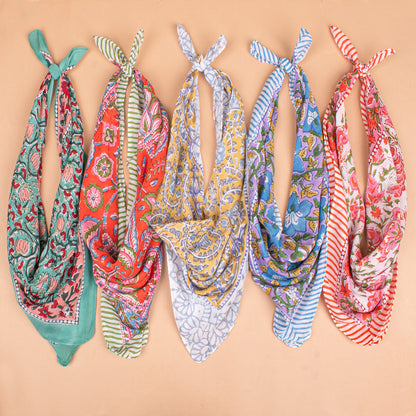 Set of 5 - Colorful Cotton Bandana, Handmade Block Printed Organic Scarf, Lightweight Hair Or Neck Wrap, Bohemian Unisex Accessory, Sustainable Gift