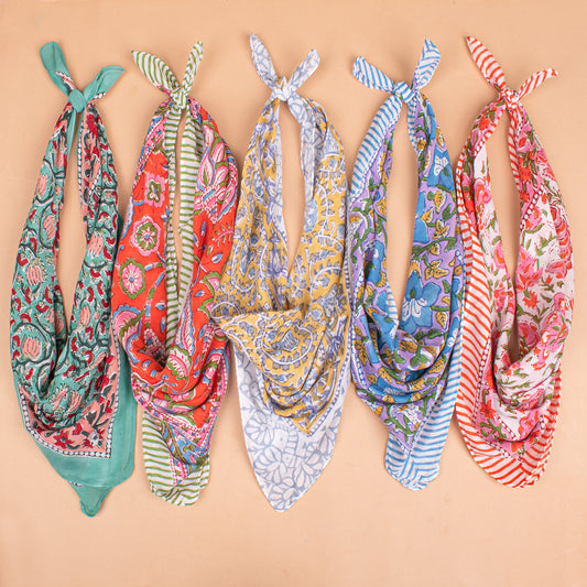 Set of 5 - Colorful Cotton Bandana, Handmade Block Printed Organic Scarf, Lightweight Hair Or Neck Wrap, Bohemian Unisex Accessory, Sustainable Gift