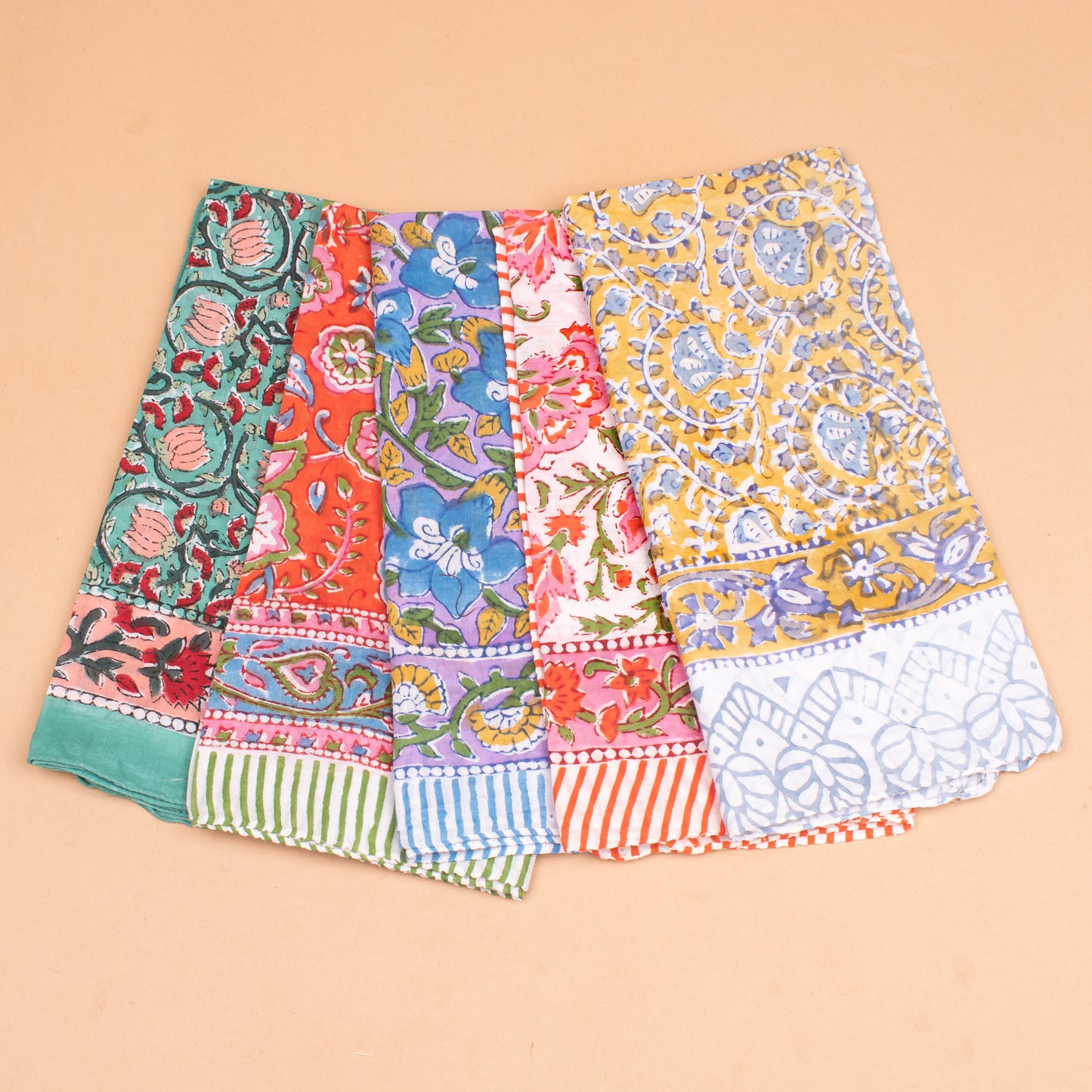 Set of 5 - Colorful Cotton Bandana, Handmade Block Printed Organic Scarf, Lightweight Hair Or Neck Wrap, Bohemian Unisex Accessory, Sustainable Gift