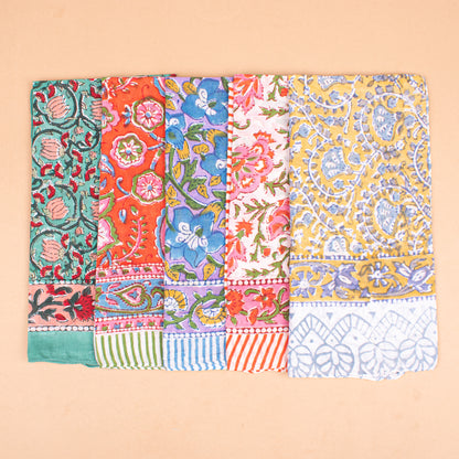 Set of 5 - Colorful Cotton Bandana, Handmade Block Printed Organic Scarf, Lightweight Hair Or Neck Wrap, Bohemian Unisex Accessory, Sustainable Gift