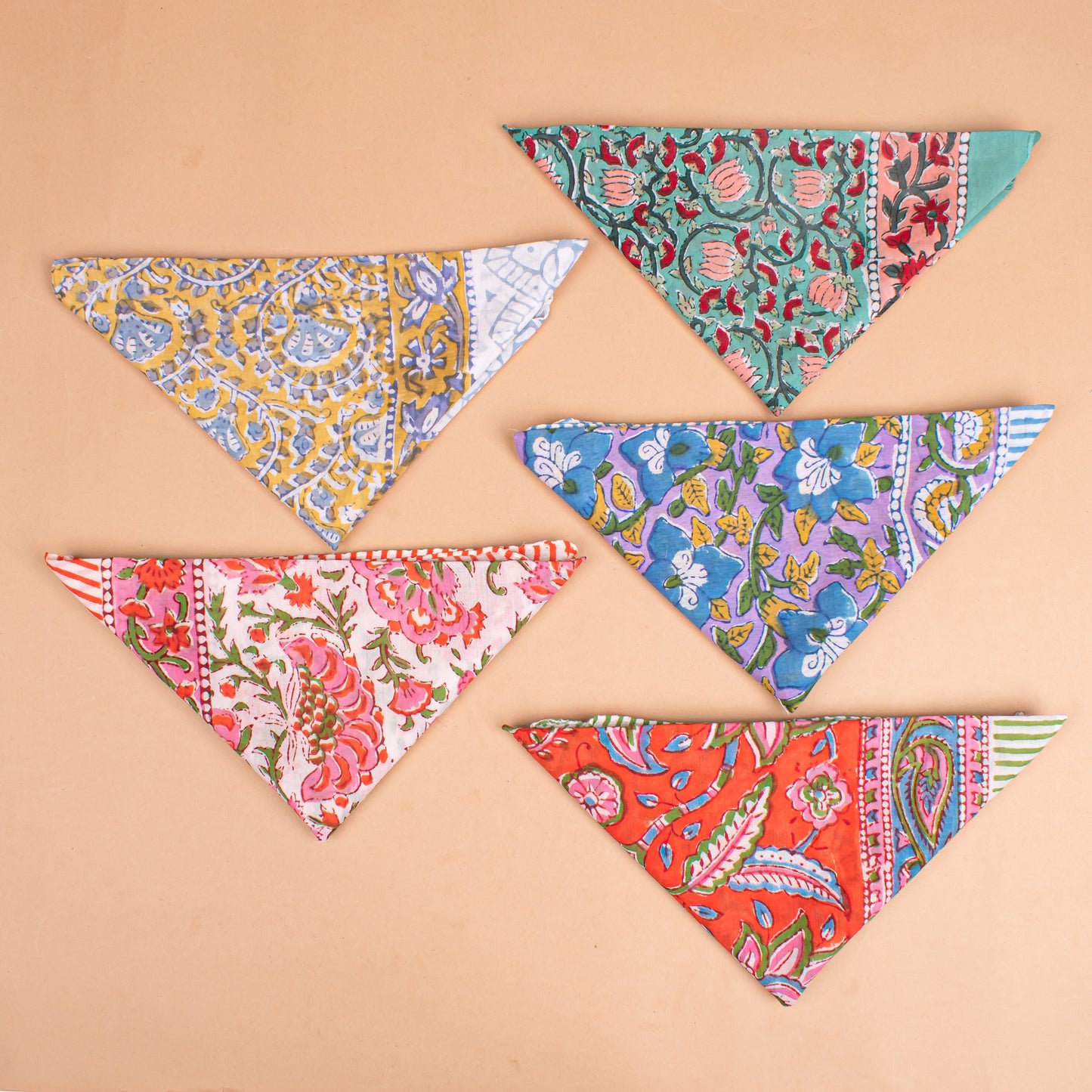 Set of 5 - Colorful Cotton Bandana, Handmade Block Printed Organic Scarf, Lightweight Hair Or Neck Wrap, Bohemian Unisex Accessory, Sustainable Gift