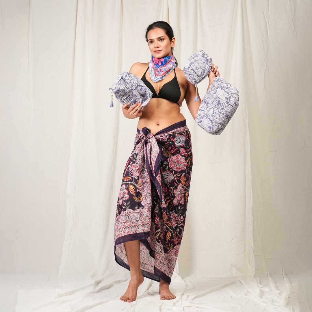 Floral Cotton Gift Set | Scarf, Makeup Bag, Sarong Combo