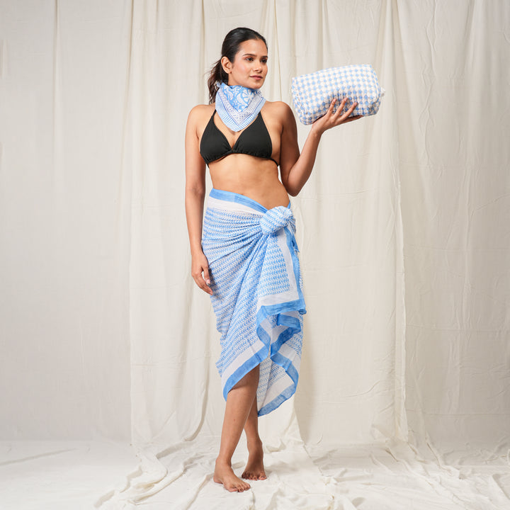 Hand Block Cotton Gift Set | Scarf, Makeup Bag Combo
