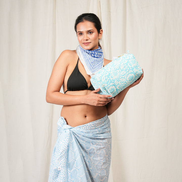 Hand Block Cotton Gift Set | Scarf, Makeup Bag, Sarong Combo