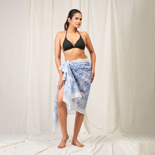Light Blue & White Floral Sarong Breezy Summer Style