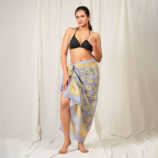 Premium Blue & Yellow Patterned Sarong Versatile Summer Accessory