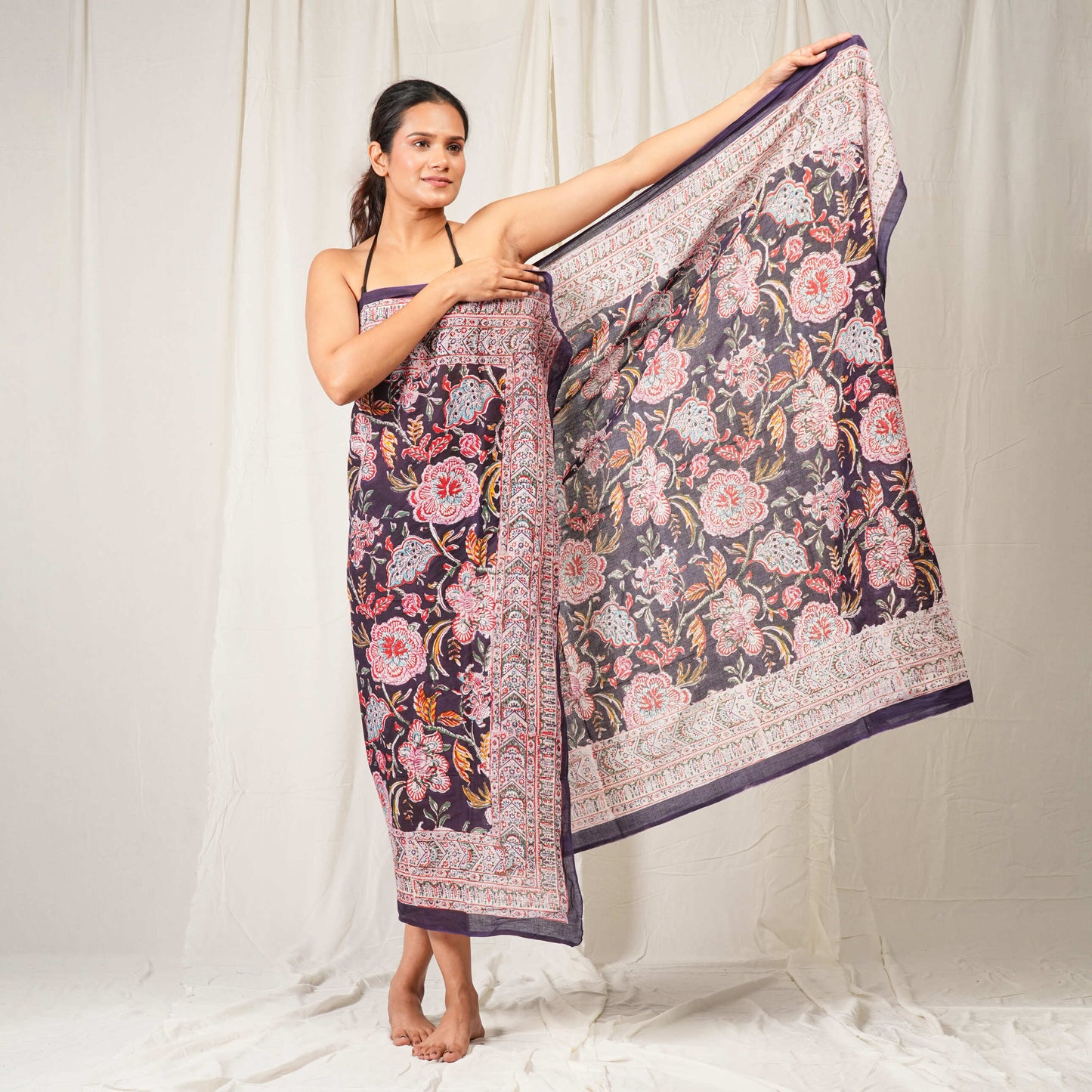 Bohemian Block Printed Cotton Scarf, Natural Handmade Pareo, Eco-Friendly Cotton Sarong, Cotton Block Printed Summer Scarves