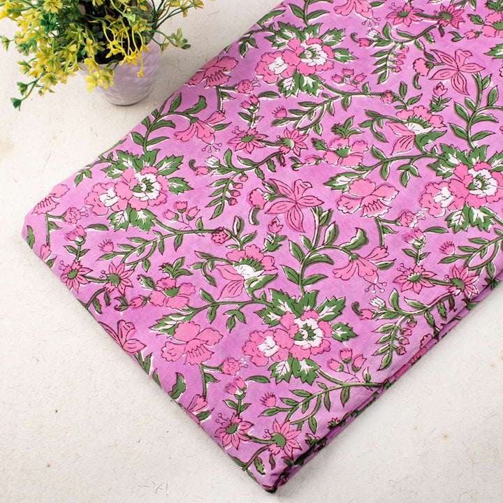 Block-printed Cotton Multi Floral Light Pink Fabric