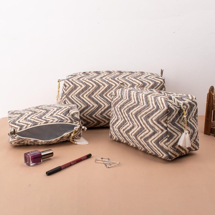 Set of 3 – Hand Block Makeup Bag | Cotton Cosmetic Pouch &amp; Organizer