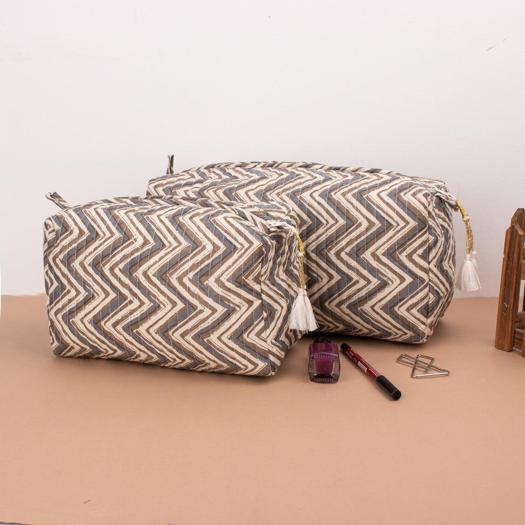 Set of 3 – Hand Block Makeup Bag | Cotton Cosmetic Pouch &amp; Organizer