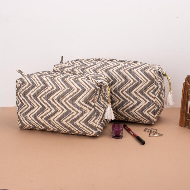 Set of 3 – Hand Block Makeup Bag | Cotton Cosmetic Pouch &amp; Organizer