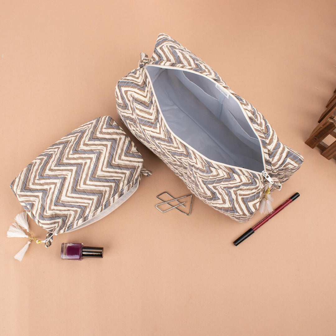 Set of 3 – Hand Block Makeup Bag | Cotton Cosmetic Pouch &amp; Organizer