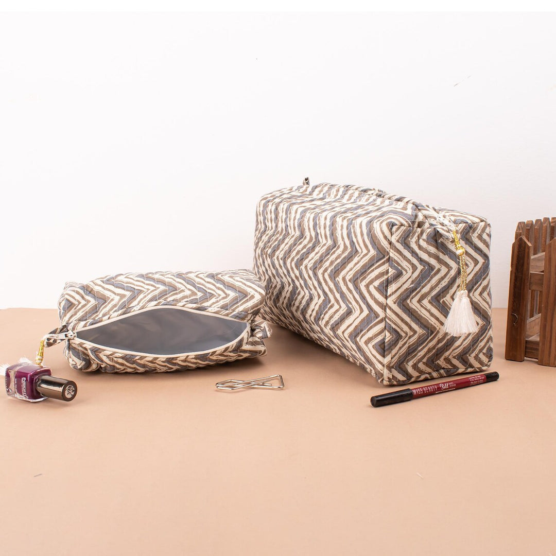 Set of 3 – Hand Block Makeup Bag | Cotton Cosmetic Pouch &amp; Organizer