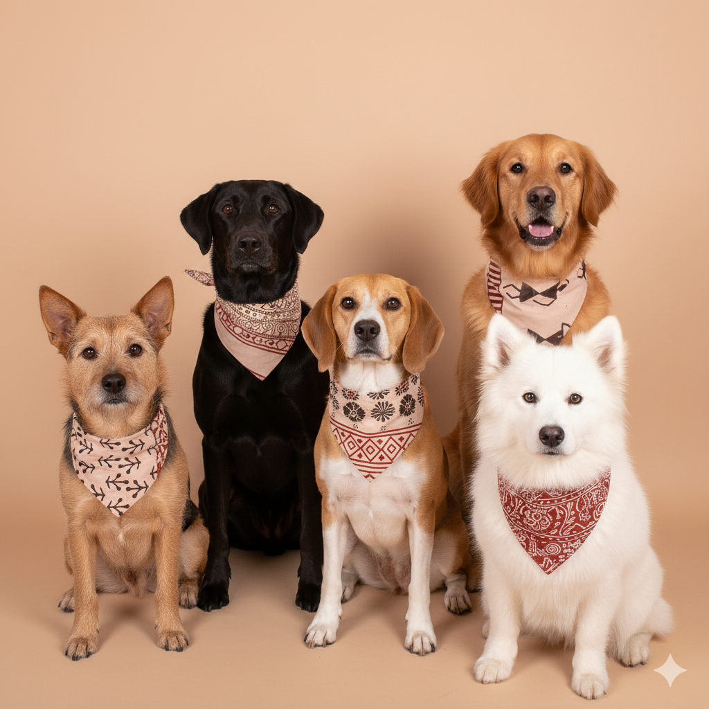 Set of 5 - Dog Bandana, Hand Block Printed Dog Bandana, Sustainable Pet Accessory, Dog Neck Wrap