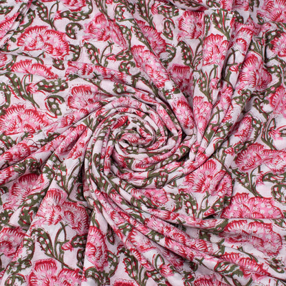 Floral Printed Cotton Fabric, Lightweight Indian Fabric For Dressmaking, Quilting, Crafts, Skirts & Décor, Natural Dye Material For Clothing & Accessories