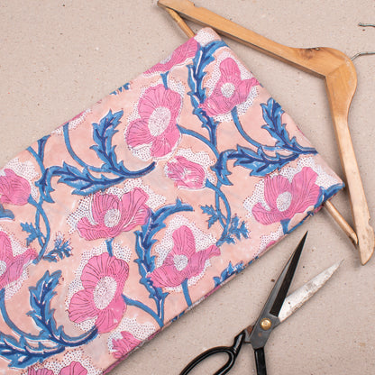 Natural Dye Cotton Fabric, Hand Block Print Floral Material For Skirts, Dresses, Scarves & Quilts, Textile For Sewing & Eco-Friendly DIY Projects