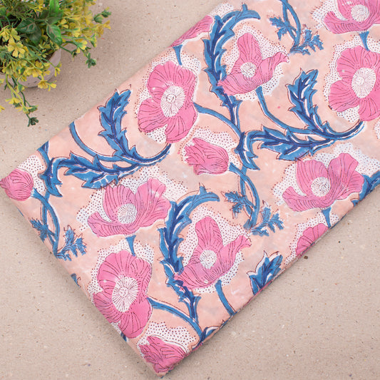 Natural Dye Cotton Fabric, Hand Block Print Floral Material For Skirts, Dresses, Scarves & Quilts, Textile For Sewing & Eco-Friendly DIY Projects