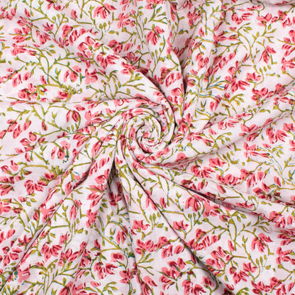 Block Printed Cotton Fabric, Lightweight Fabric With Floral Motifs, Ideal For Summer Dresses, Home Décor, Quilting Projects, And Crafting