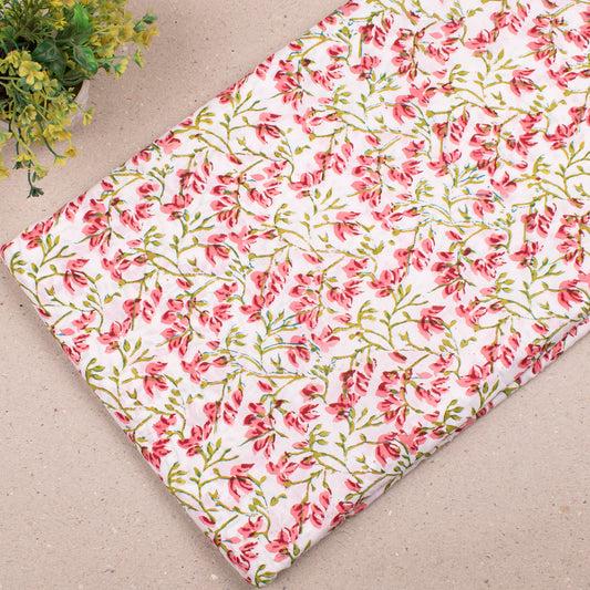 Block Printed Cotton Fabric, Lightweight Fabric With Floral Motifs, Ideal For Summer Dresses, Home Décor, Quilting Projects, And Crafting